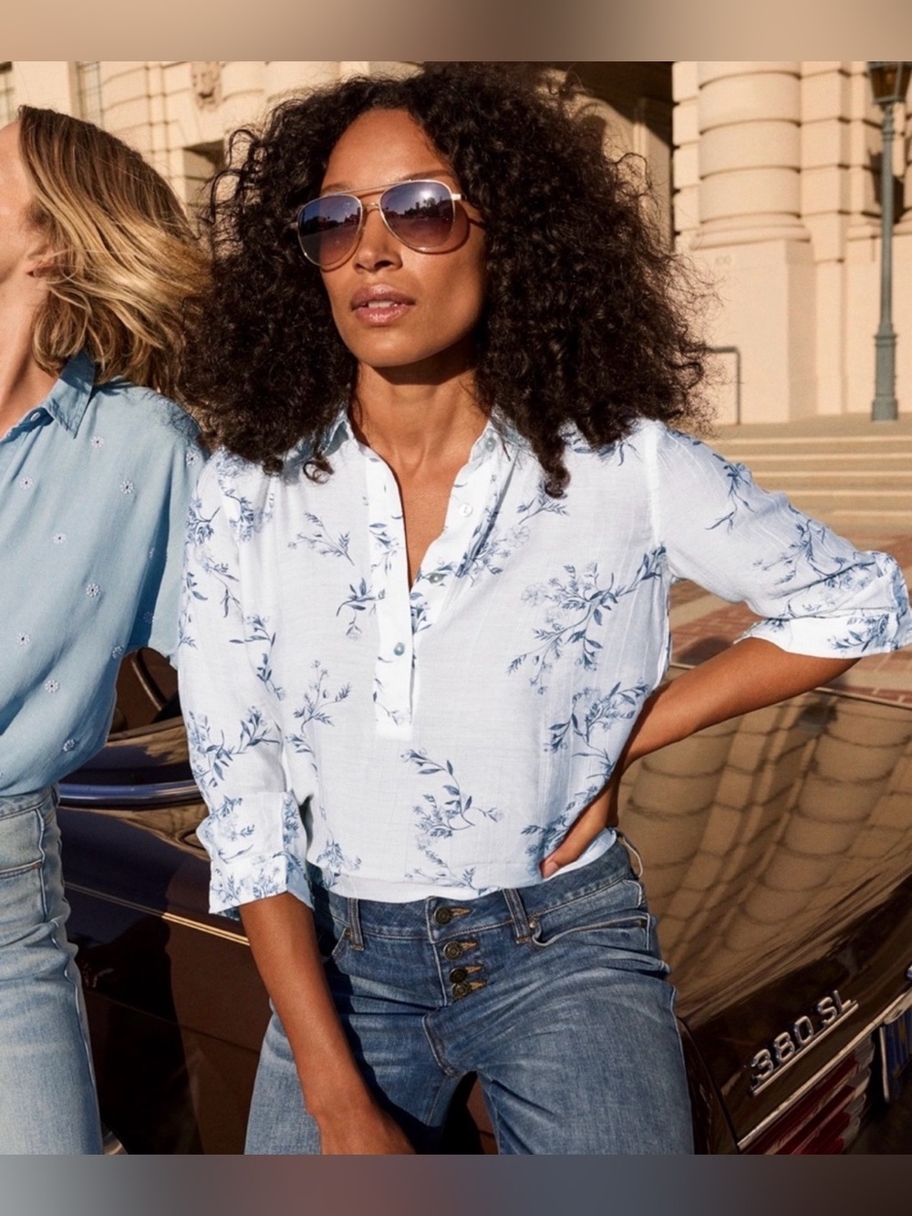 CAbi White Blouse with Blue Floral Print Style 6889